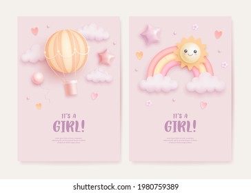 Set of baby shower invitation with cartoon rainbow, sun, hot air balloon, hearts and flowers on pink background. It's a girl. Vector illustration