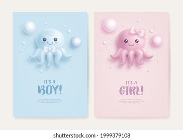 Set of baby shower invitation with cartoon octopus and helium balloons on blue and pink background. It's a boy. It's a girl. Vector illustration