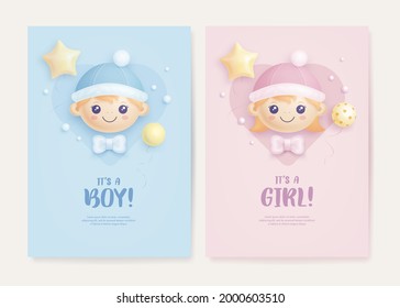 Set of baby shower invitation with cartoon baby girl, baby boy and helium balloons on blue and pink background. It's a boy. It's a girl. Vector illustration - Shutterstock ID 2000603510