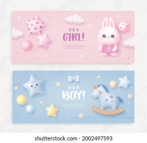 Set of baby shower invitation with cartoon horse, rabbit, helium balloons, flowers and clouds on blue and pink background. It's a boy. It's a girl. Vector illustration