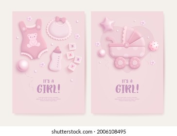 Set of baby shower invitation with cartoon baby carriage, bib, bottle, clothes, helium balloons and flowers on pink background. It's a girl. Vector illustration