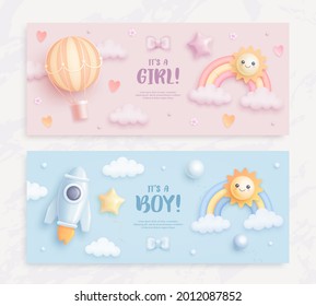 Set of baby shower invitation with cartoon sun, rainbow, helium balloons and flowers on blue and pink background. It's a boy. It's a girl. Vector illustration