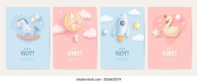 Set of baby shower invitation with cartoon horse, swan, rocket and hot air balloon on blue and pink background. It's a boy. It's a girl. Vector illustration