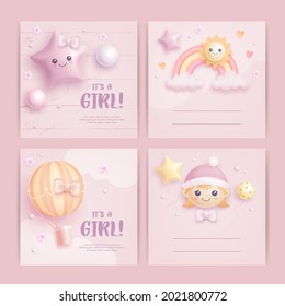 Set of baby shower invitation with cartoon air balloon, rainbow, sun and flowers on pink background. It's a girl. Vector illustration