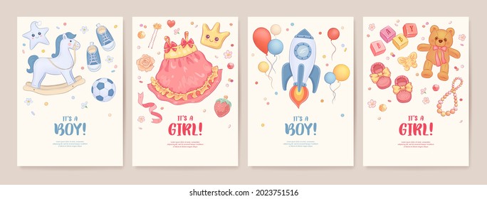 Set of baby shower invitation with cartoon horse, rocket, toys, dress, helium balloons and flowers. It's a boy. It's a girl. Vector illustration