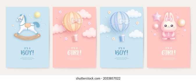 Set of baby shower invitation with cartoon horse, rabbit and hot air balloon on blue and pink background. It's a boy. It's a girl. Vector illustration