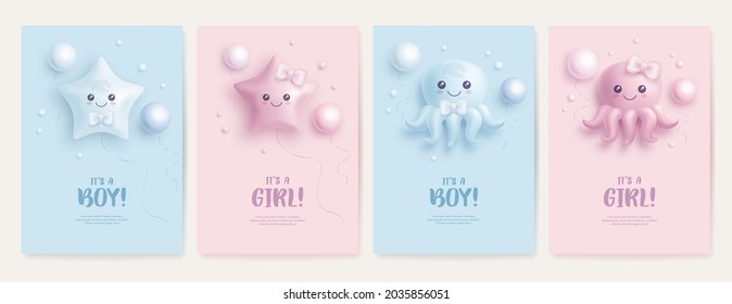 Set of baby shower invitation with cartoon octopus and helium balloons on blue and pink background. It's a boy. It's a girl. Vector illustration