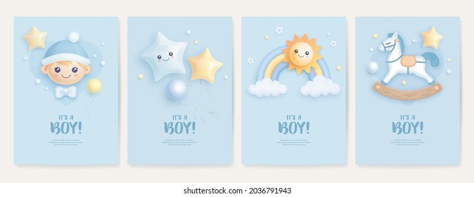 Set of baby shower invitation with cartoon boy, horse, rainbow and sun on blue background. It's a boy. Vector illustration