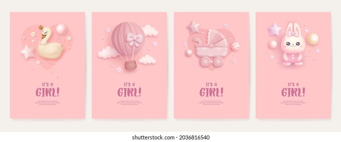 Set Of Baby Shower Invitation With Cartoon Swan, Hot Air Balloon, Baby Carriage And Rabbit On Pink Background. It's A Girl. Vector Illustration