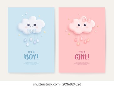 Set of baby shower invitation with cartoon cloud on blue and pink background. It's a boy. It's a girl. Vector illustration