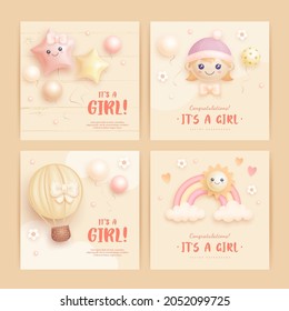 Set of baby shower invitation with cartoon hot air balloon, rainbow, sun and flowers on beige background. It's a girl. Vector illustration