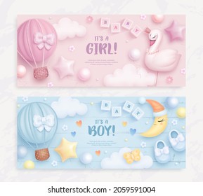 Set of baby shower invitation with cartoon swan, hot air balloon and moon on blue and pink background. It's a boy. It's a girl. Vector illustration