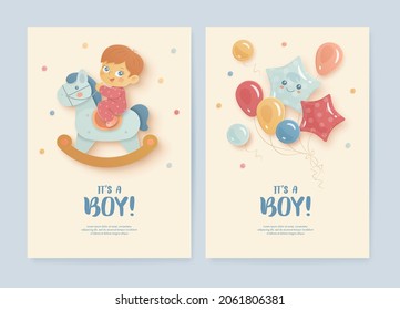 Set of baby shower invitation with cartoon boy, horse and helium balloons on beige background. It's a boy. Vector illustration