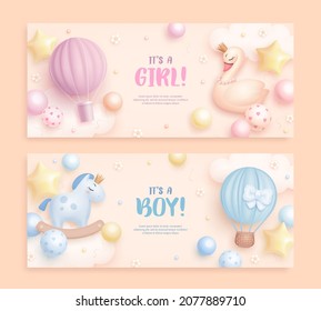 Set of baby shower invitation with cartoon swan, horse, helium balloons and flowers on beige background. It's a boy. It's a girl. Vector illustration