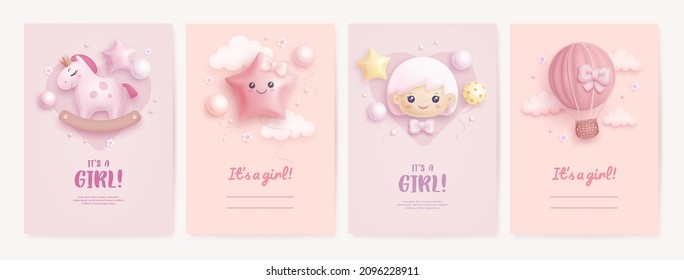 Set of baby shower invitation with cartoon horse, baby girl, hot air balloon and helium balloons on pink background. It's a girl. Vector illustration