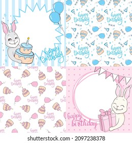 Set of baby shower invitation with cartoon horse, rabbit, helium balloons, flowers and clouds on blue and pink background. It's a boy. It's a girl. Vector illustration