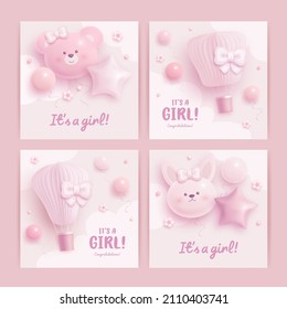 Set of baby shower invitation with cartoon hot air balloon, helium balloons, clouds and flowers on pink background. It's a girl. Vector illustration
