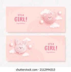 Set of baby shower invitation with cartoon helium balloons and flowers on pink background. It's a girl. Vector illustration