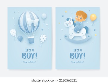 Set of baby shower invitation with cartoon boy, horse, hot air balloon and helium balloons on blue background. It's a boy. Vector illustration7