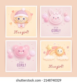 Set of baby shower invitation with cartoon baby girl, helium balloons, rainbow, sun and flowers on pink and beige background. It's a girl. Vector illustration