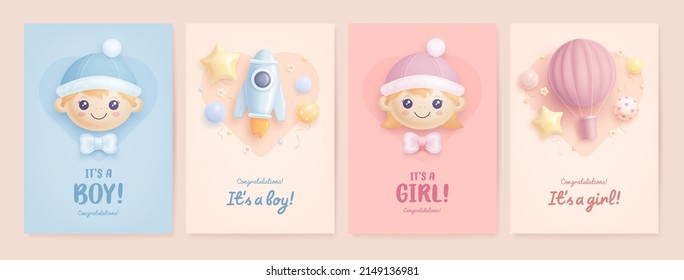 Set of baby shower invitation with cartoon boy, girl, hot air balloon and rocket on blue, pink and beige background. It's a boy. It's a girl. Vector illustration