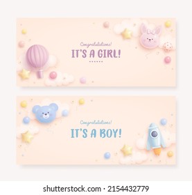 Set of baby shower invitation with cartoon bear, bunny, rocket, hot air balloon, helium balloons and flowers on beige background. It's a girl. It's a boy. Vector illustration