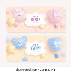 Set of baby shower invitation with cartoon bear, bunny, hot air balloon, helium balloons and flowers on beige background. It's a girl. It's a boy. Vector illustration
