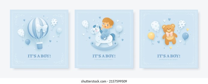 Set of baby shower invitation with cartoon boy, horse, hot air balloon, bear, helium balloons on blue background. It's a boy. Vector illustration