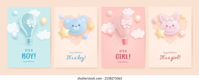 Set of baby shower invitation with cartoon bear, bunny, hot air balloon and flowers on blue, pink and beige background. It's a boy. It's a girl. Vector illustration