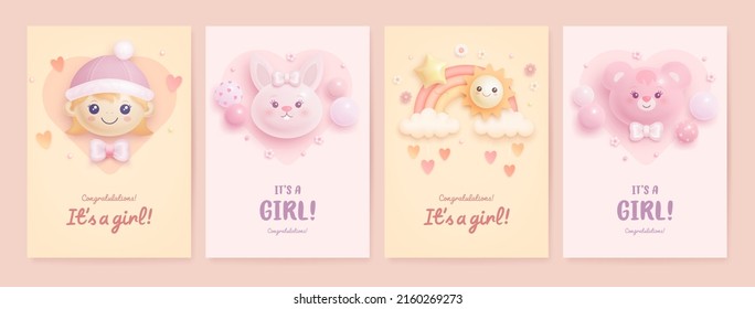 Set of baby shower invitation with cartoon girl, rainbow, sun, bear and bunny on pink and beige background. It's a girl. Vector illustration