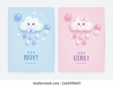 Set of baby shower invitation with cartoon cloud, helium balloons and flowers on blue and pink background. It's a boy. It's a girl. Vector illustration