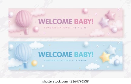 Set of baby shower invitation with cartoon hot air balloon, helium balloons and clouds on blue and pink background. It's a boy. It's a girl. Vector illustration