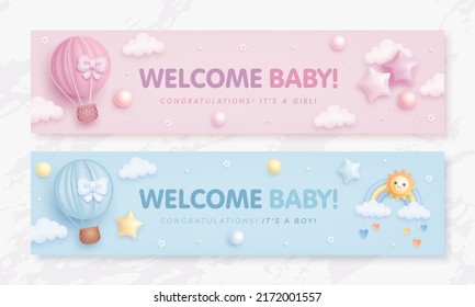 Set of baby shower invitation with cartoon hot air balloon, rainbow, sun, balloons and clouds on blue and pink background. It's a boy. It's a girl. Vector illustration - Shutterstock ID 2172001557