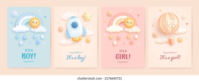 Set of baby shower invitation with cartoon hot air balloon, rocket, rainbow, sun and helium balloons on blue, pink and beige background. It's a boy. It's a girl. Vector illustration