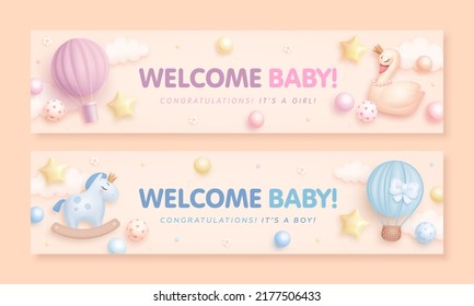 Set of baby shower invitation with cartoon hot air balloon, swan, horse and clouds on beige background. It's a boy. It's a girl. Vector illustration