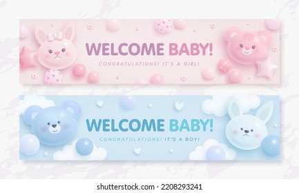 Set of baby shower invitation with cartoon bear, rabbit, helium balloons and clouds on blue and pink background. It's a boy. It's a girl. Vector illustration