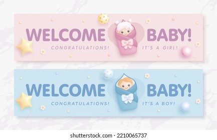 Set of baby shower invitation with cartoon baby boy and baby girl on pink and blue background. It's a boy. It's a girl. Vector illustration