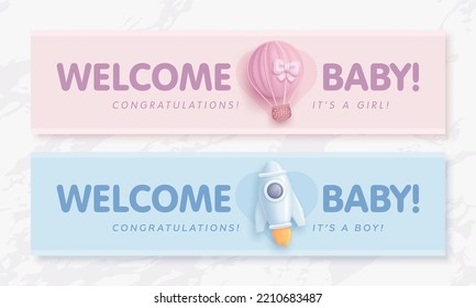 Set of baby shower invitation with cartoon rocket and hot air balloon on pink and blue background. It's a boy. It's a girl. Vector illustration