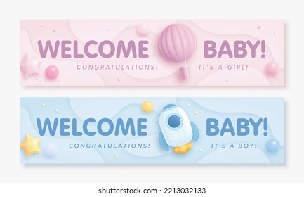 Set of baby shower invitation with cartoon rocket and hot air balloon on pink and blue background. It's a boy. It's a girl. Vector illustration