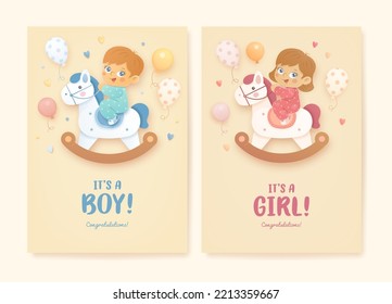 Set of baby shower invitation with cartoon boy and girl, rocking horse and helium balloons on beige background. It's a boy. It's a girl. Vector illustration