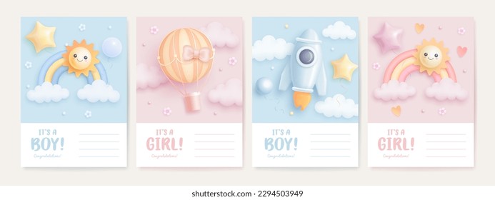 Set of baby shower invitation with cartoon rainbow, sun, rocket and hot air balloon on blue and pink background. It's a boy. It's a girl. Vector illustration