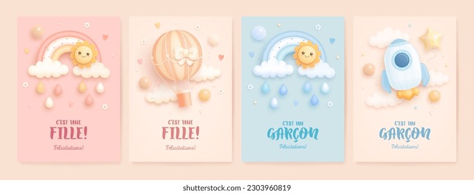 Set of baby shower invitation with cartoon rocket, hot air balloon and rainbow. French lettering. Translation from French It's a girl, it's a boy. Vector illustration