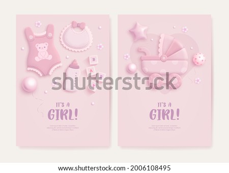 Set of baby shower invitation with cartoon baby carriage, bib, bottle, clothes, helium balloons and flowers on pink background. It's a girl. Vector illustration