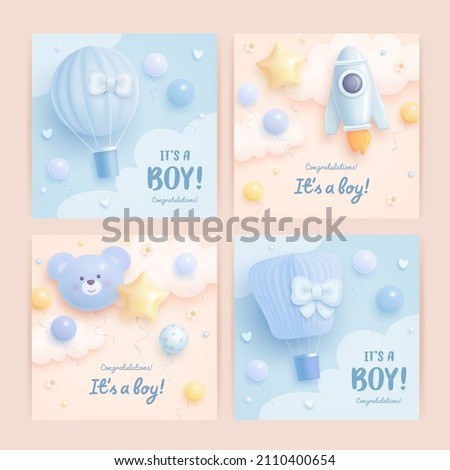 Set of baby shower invitation with cartoon rocket, hot air balloon, helium balloons and flowers on blue and beige background. It's a boy. Vector illustration