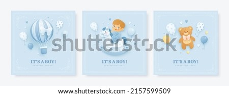 Set of baby shower invitation with cartoon boy, horse, hot air balloon, bear, helium balloons on blue background. It's a boy. Vector illustration