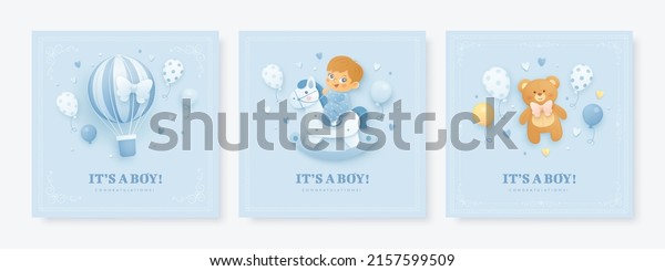 Set of baby shower invitation with cartoon\
boy, horse, hot air balloon, bear, helium balloons on blue\
background. It\'s a boy. Vector\
illustration