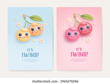 Set of baby shower invitation with cute couple cherry cartoon and flowers on pink and blue background. It's twins. Vector illustration