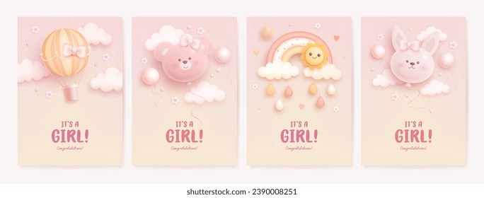 Set Babydusche Einladung Design Vorlage mit Cartoon Heißluftballon, Regenbogen, Sonne, Wolken, Bär und Hase. Es ist ein Mädchen. Vektorgrafik