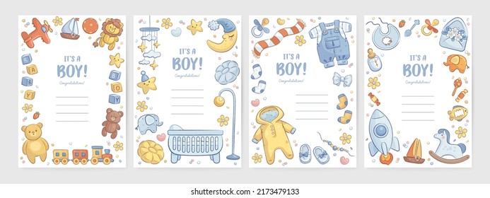 Set of baby shower invitation with hand drawn cartoon toys, clothes and cradle on white background. It's a boy. Vector illustration