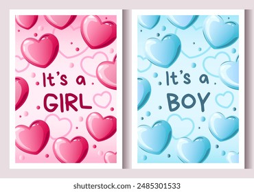 Set of baby shower invitation with hearts on a blue and pink background. It's a boy. It's a girl. Cute vector illustration